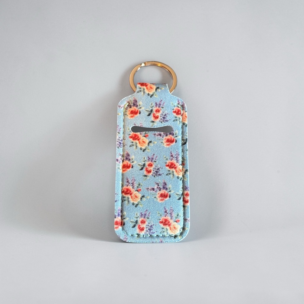 Floral Neoprene Lip Balm Holder Keychain Light Blue Rose Print Chapstick Sleeve - Picture 2 of 2